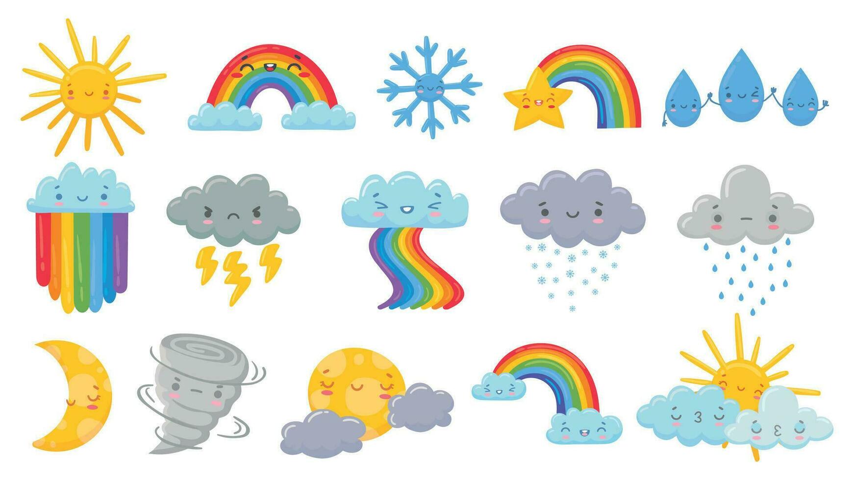 Cute cartoon weather. Happy hot sun, rainbow over clouds and funny snowflake. Snowly and rainy cloud, sleeping moon and angry hurricane vector illustration set