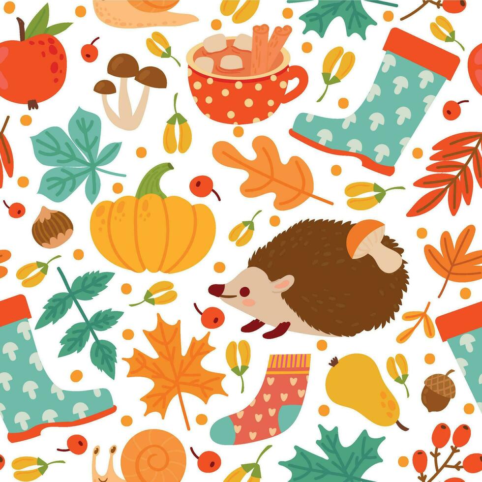 Autumn seamless pattern. Drawing pumpkin, nuts, plants. Abstract harvest time, thanksgiving day print paper or textile vector texture
