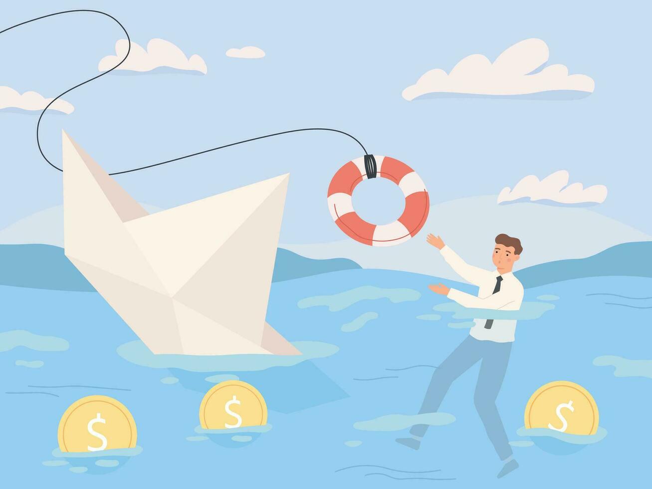 Bankruptcy business. Financial rescue, sinking business in crisis and economic risks. Economy recession or debt loan payback problems vector illustration