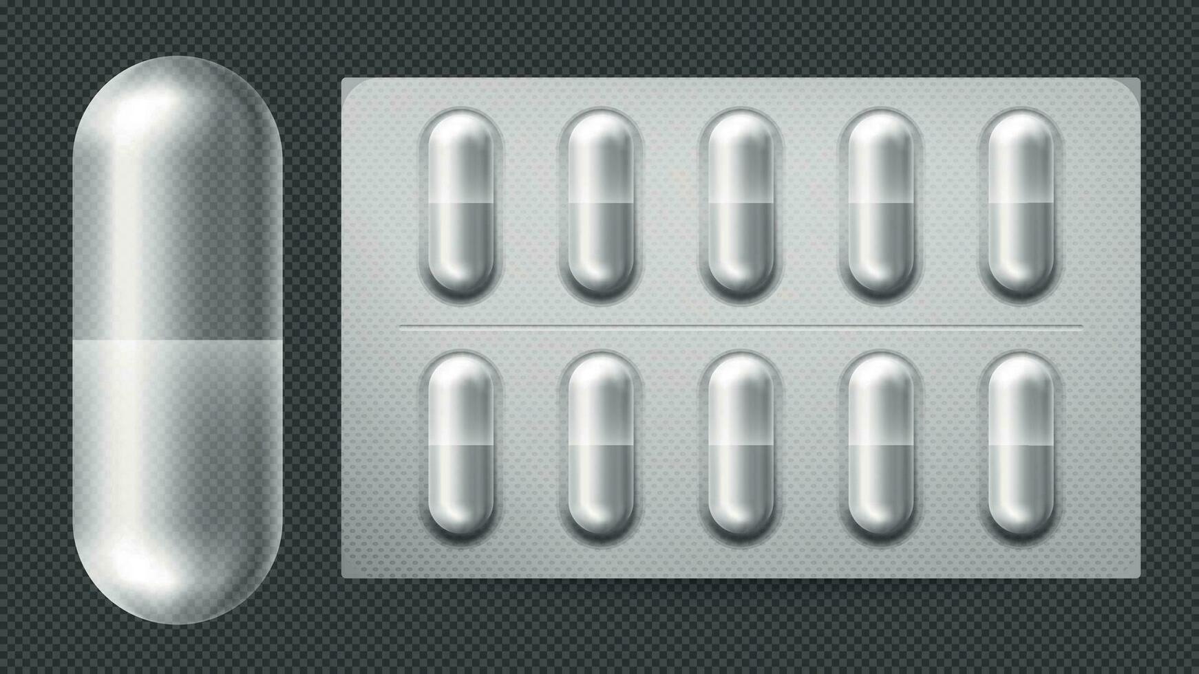 Medical pill packaging with capsules. Illness and pain treatment with painkiller, antibiotic realistic tablet vector