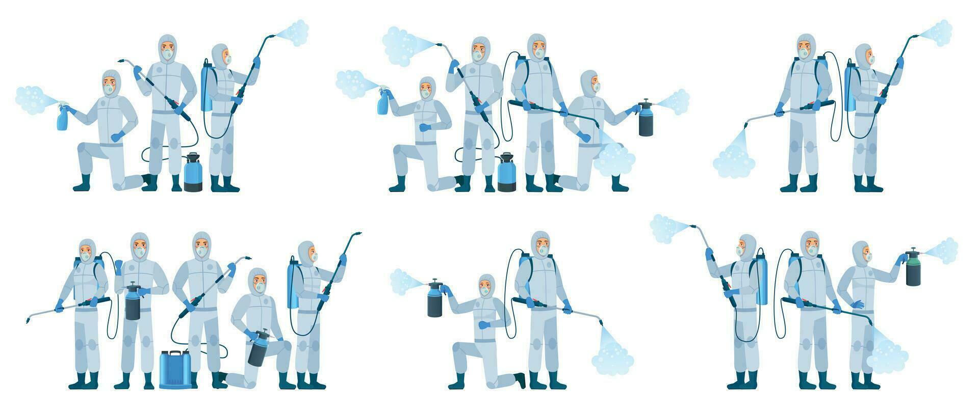 Antiviral disinfection. People wearing protective suits and face masks use sanitizer spray. Disinfection team, Coronavirus protection cartoon vector illustration set