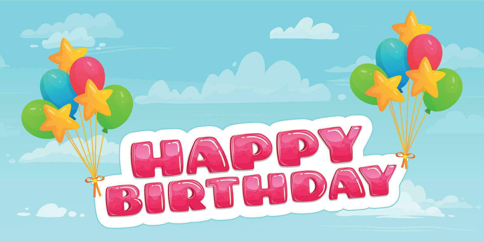 Happy birthday on balloons flying in sky among clouds. Colorful helium balloons for holiday celebration vector