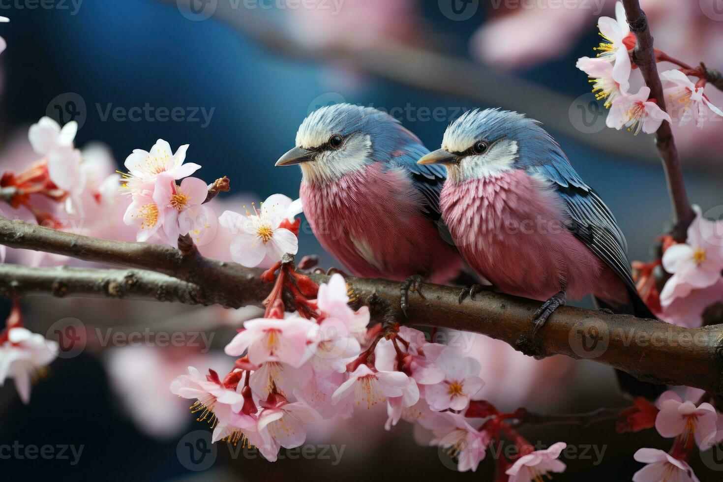 AI generated Birds amidst blossoming branches, spring photography photo