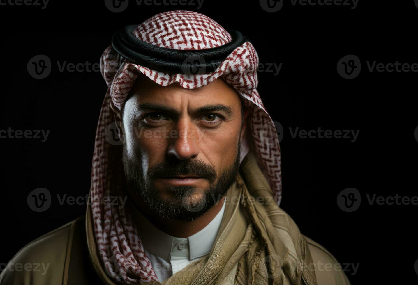 AI generated Arab man in classic attire against a black canvas, eid and ramadan images photo