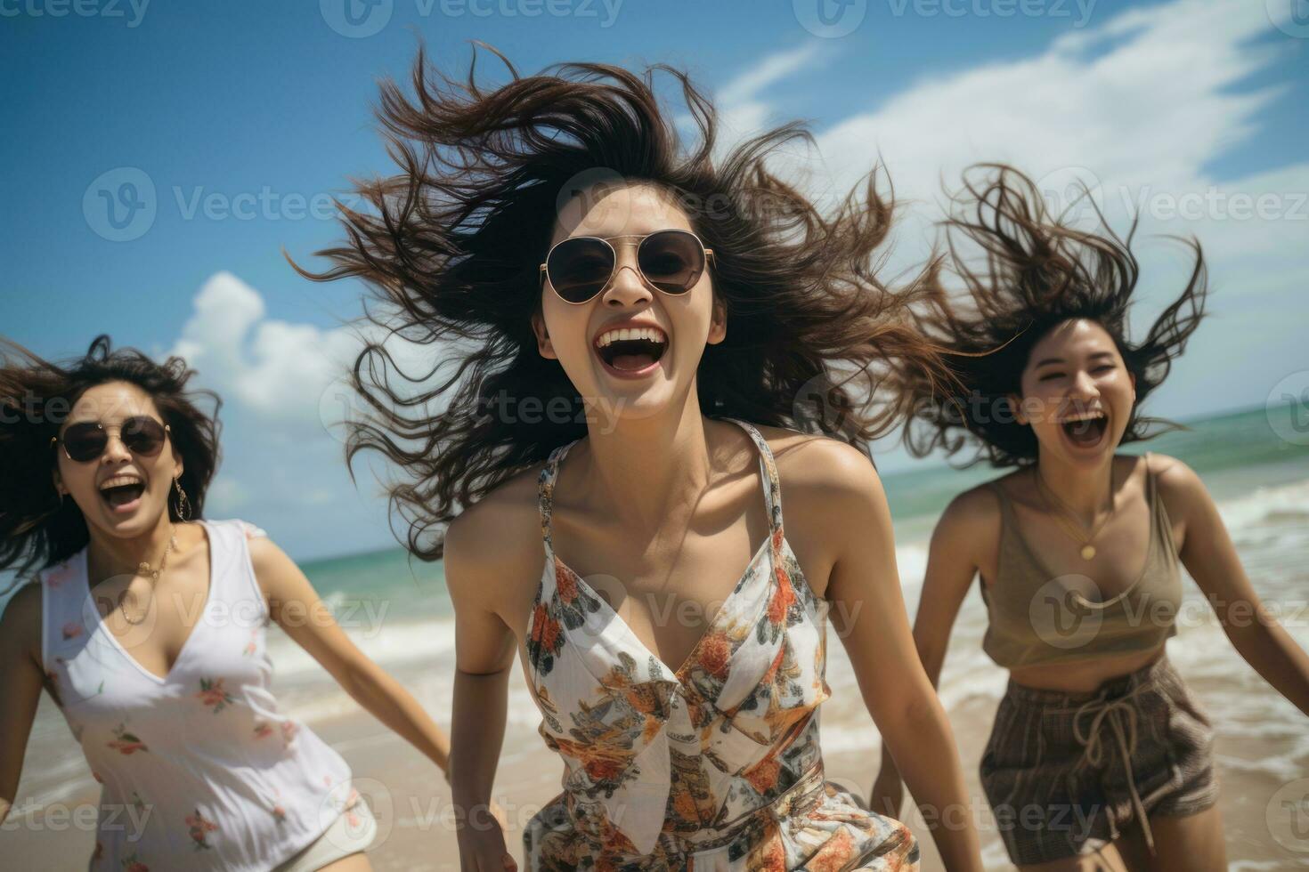 ai generado Tres joven muchachas alegremente saltando en el arena, verano paisaje imagen foto