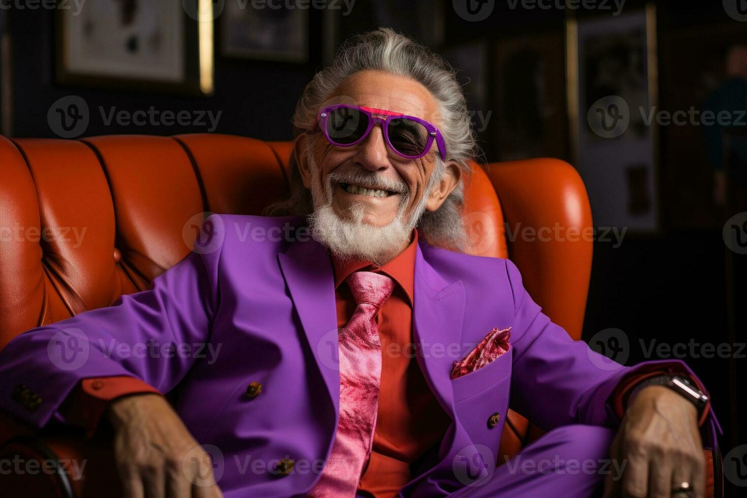 AI generated Elderly gentleman exhibiting style on chair, active seniors lifestyle images photo