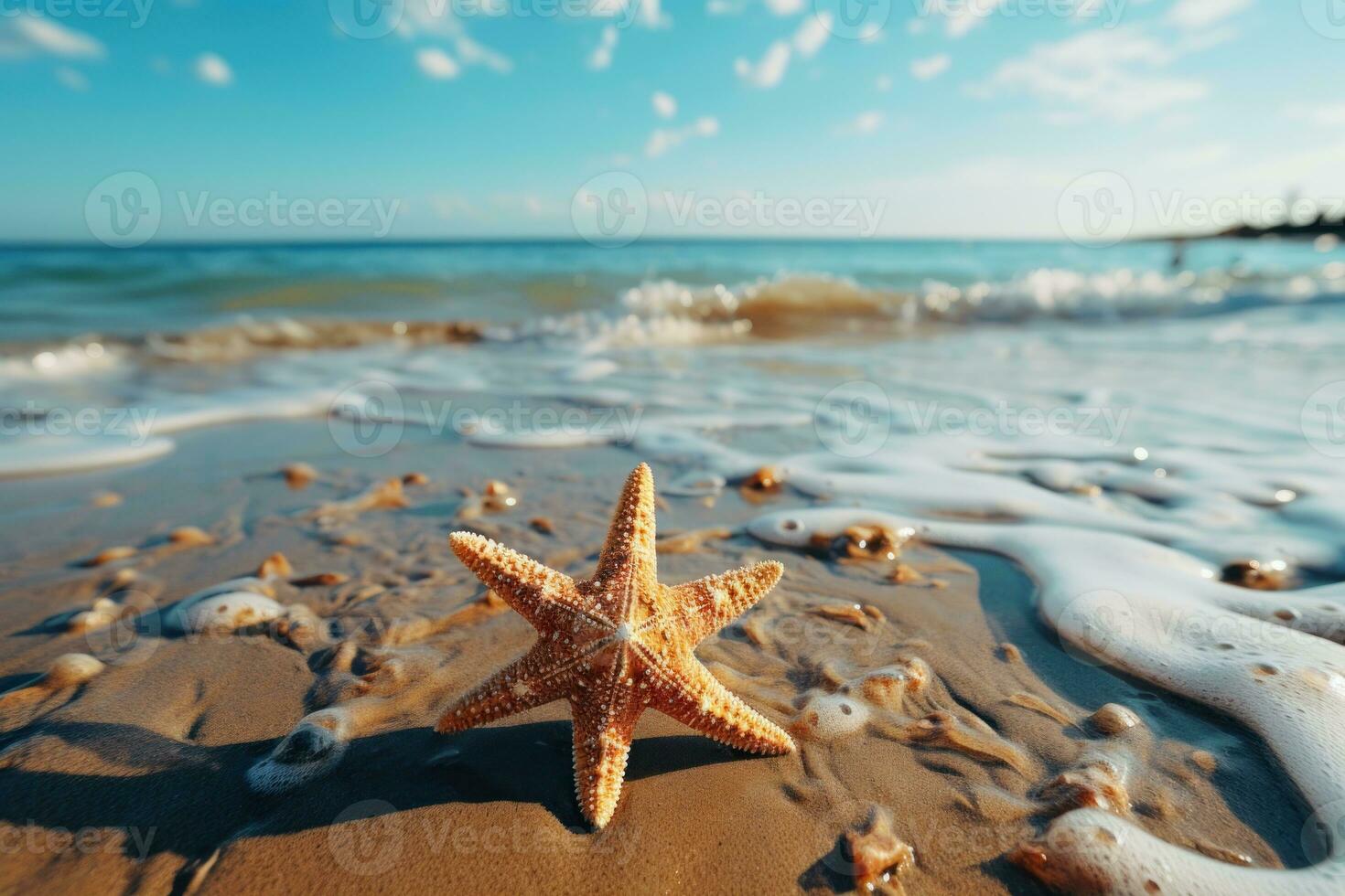 AI generated Starfish in the sand framed by mesmerizing ocean views, summer landscape image photo