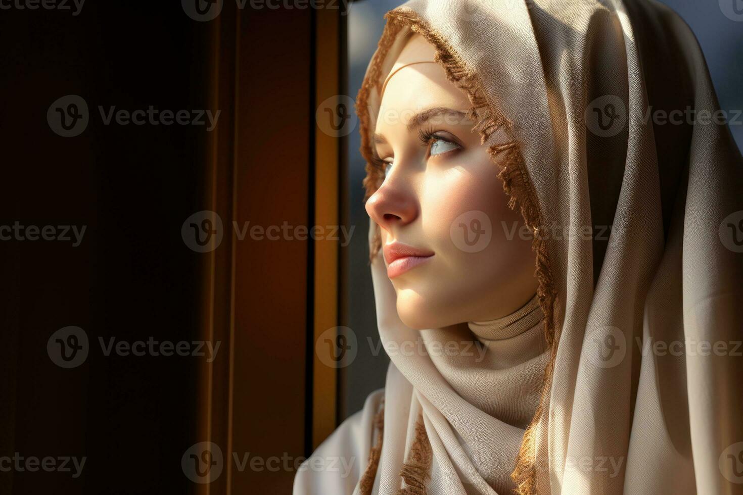 ai generado un conmovedor momento como alguien reza mientras mirando fuera de un ventana, eid y Ramadán imágenes foto