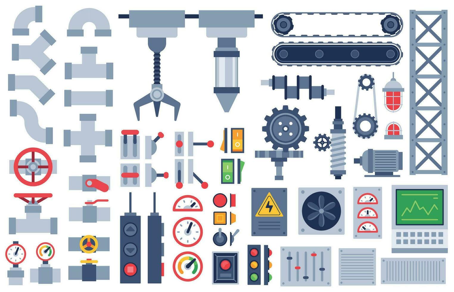 Machine parts. Auto technical mechanisms, gear equipment, engine. Pinion and motor, shaft, joints industry machinery flat vector set