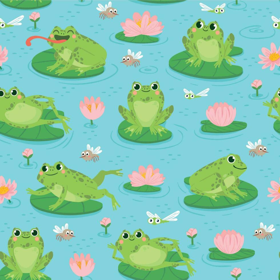 rana sin costura modelo. repitiendo linda ranas y acuático plantas bebé ducha diseño, tarjetas impresión o fondo de pantalla textil dibujos animados vector textura