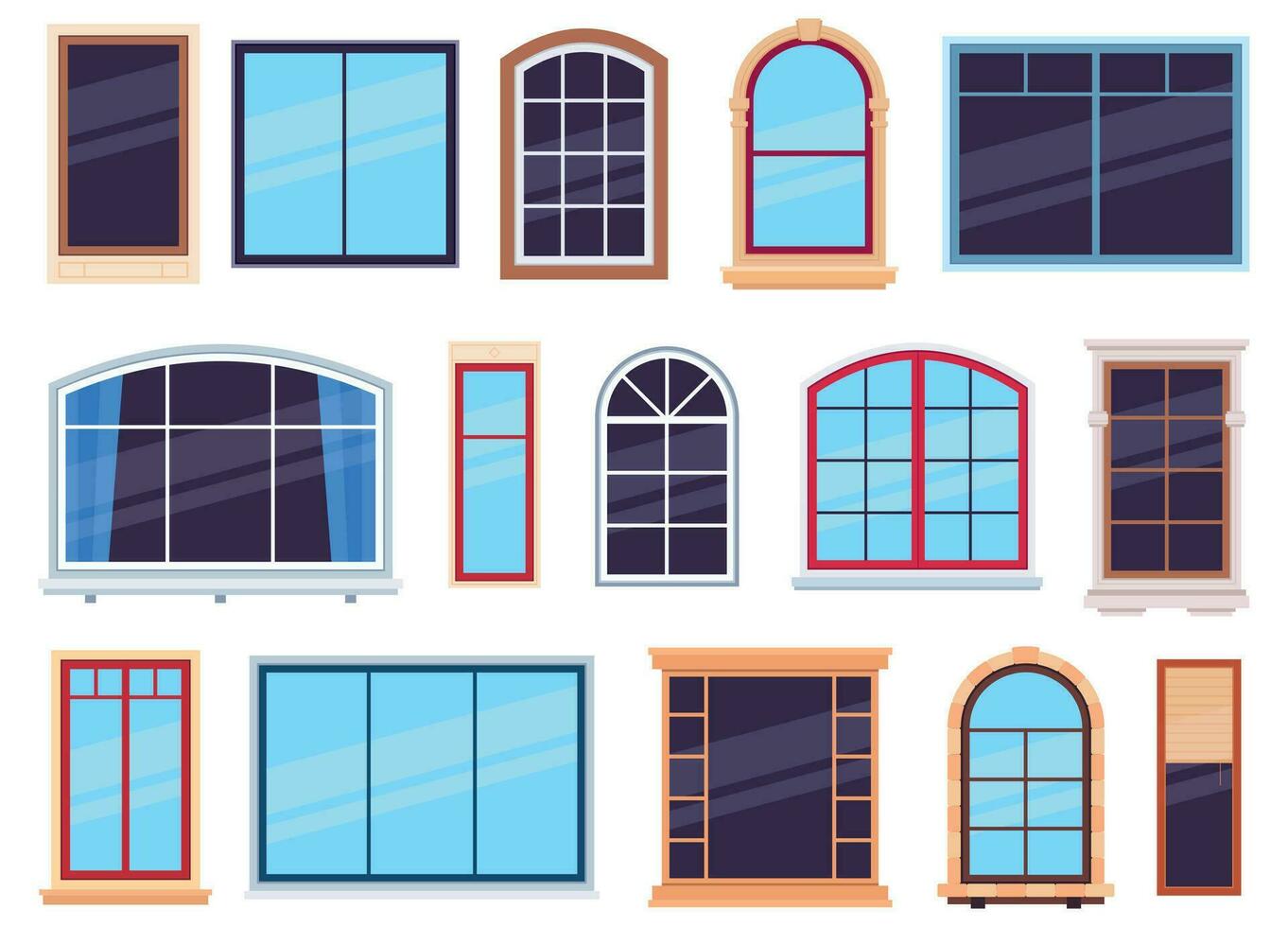 Window frames. Exterior view various wooden and detailed plastic windows, casement frames on