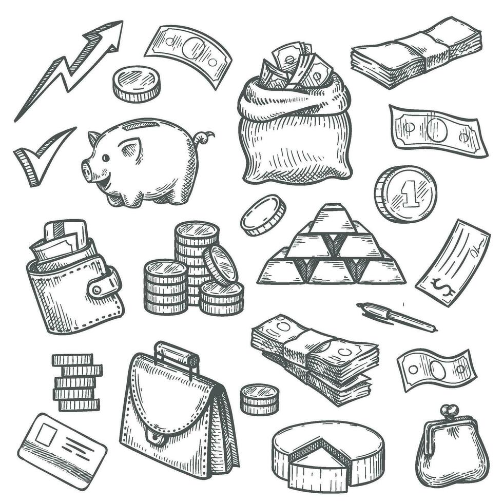 Money and finance sketch. Credit card, gold bars, purse, briefcase and dollars sack. Coins, piggy bank, business investment icons vector set