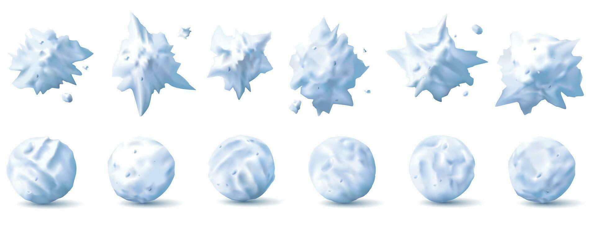 Snowball 3d. Snow splats, splashes and round white snowballs collection for kids winter fights realistic vector set