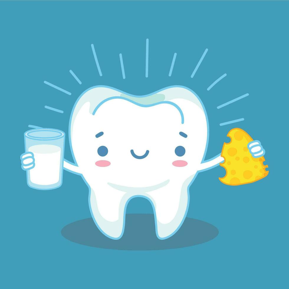 Teeth and calcium. Healthy tooth and milk products with high calcium, friendly cheese and milk, preventative habit, dental vector concept