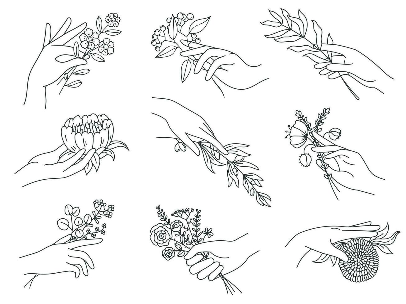 Hands holding flowers. Outline female hand with bouquets, olive branch, peony, meadow flower for minimal boho tattoos. Spa floral vector set