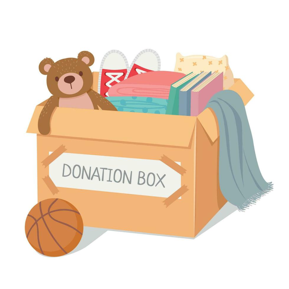 donación caja. caridad para pobre niños y Vagabundo gente. caja lleno con juguetes, libros y ropa. social cuidado y generosidad vector concepto