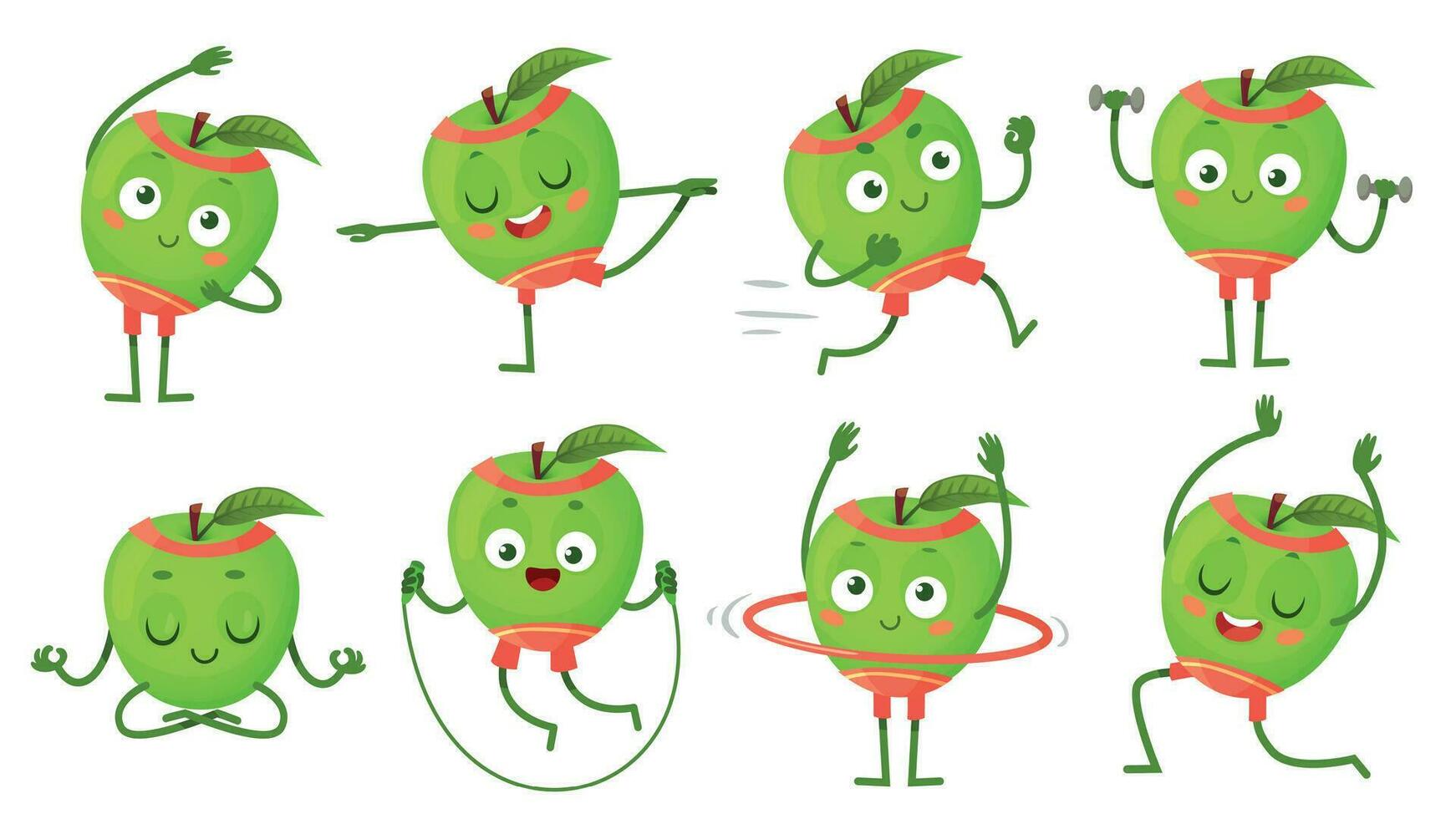 Cartoon apple character fitness, doing gymnastics. Fruit running, doing exercises with dumbbells, meditating vector