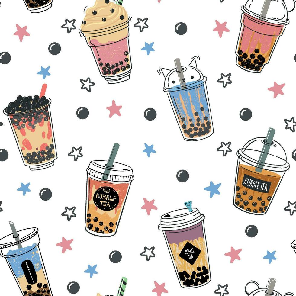 Bubble tea seamless pattern. Popular asian cold drink, pearl milk tea, trendy breakfast taiwanese boba tea with tapioca balls design vector texture