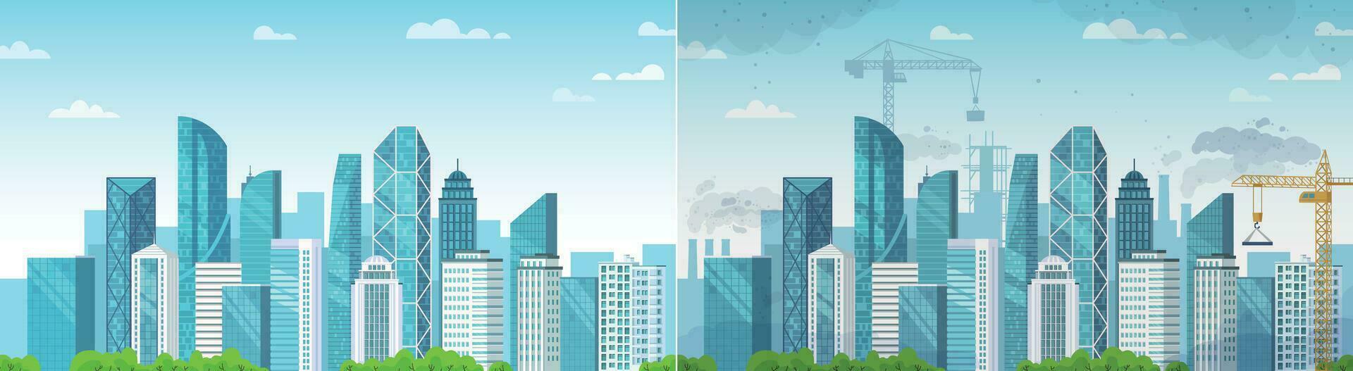 Clean and polluted city. Pollution and environment vector