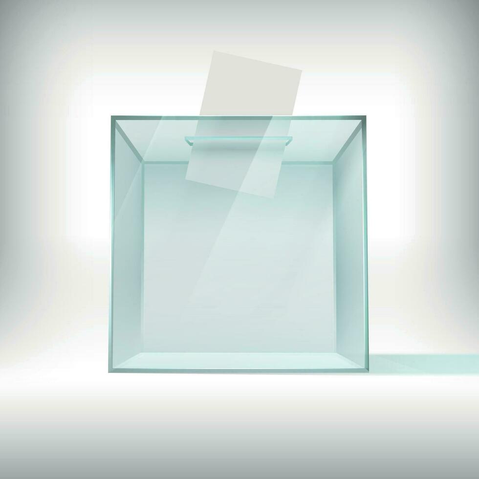 Ballot box. Glass transparent voting container with falling ballot paper. Survey plastic case, usa 2020 president election 3d vector concept