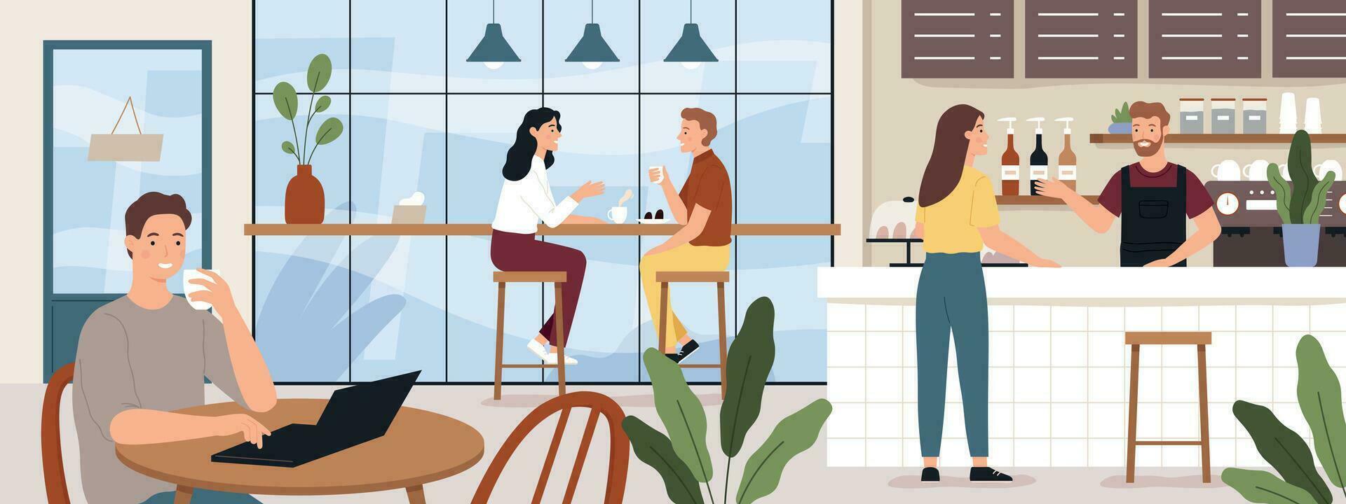 People in coffeehouse. Cafe interior with man and woman drinking coffees. Barista and customer in cafeteria or coffee shop, vector concept