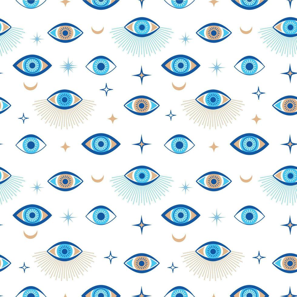 Evil eye seamless pattern. Magic talisman and occult symbol. Greek ethnic blue, white and golden third eyes. Flat vector abstract wallpaper