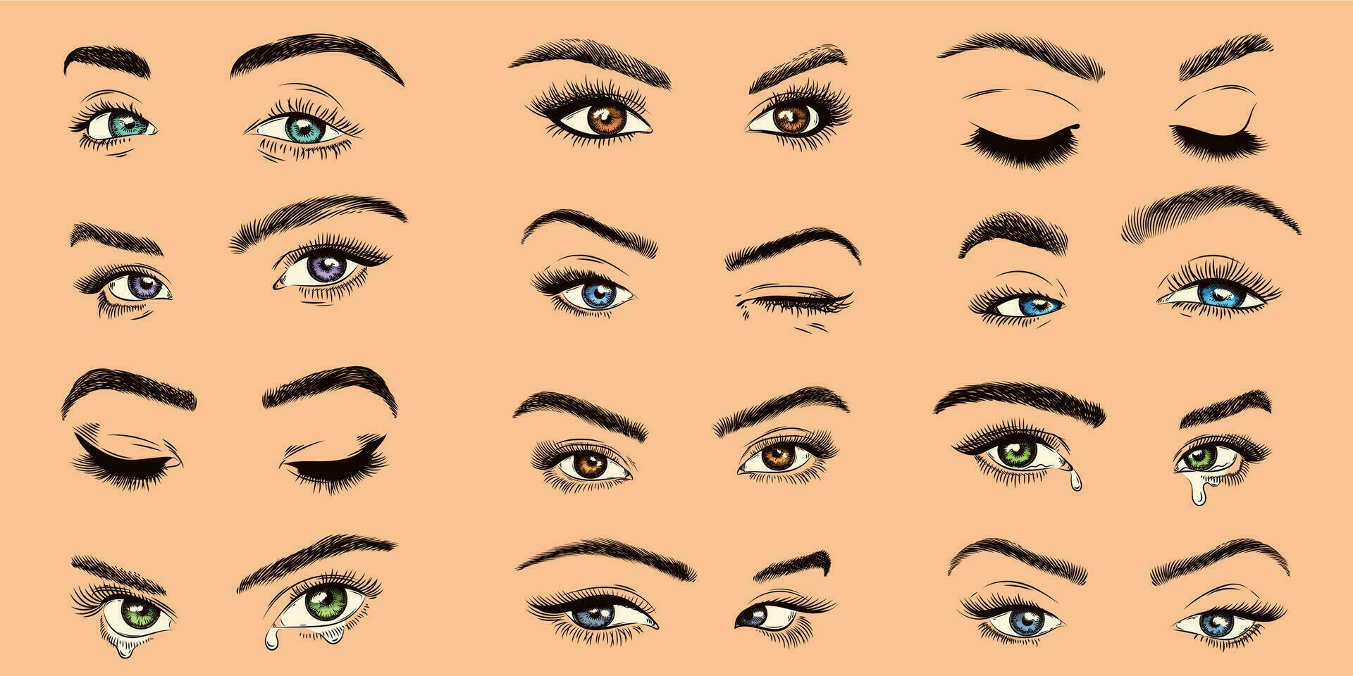 Female eyes. Open, closed and crying colored women eyes with luxurious lashes, perfect eyelash, girl makeup isolated vector collection