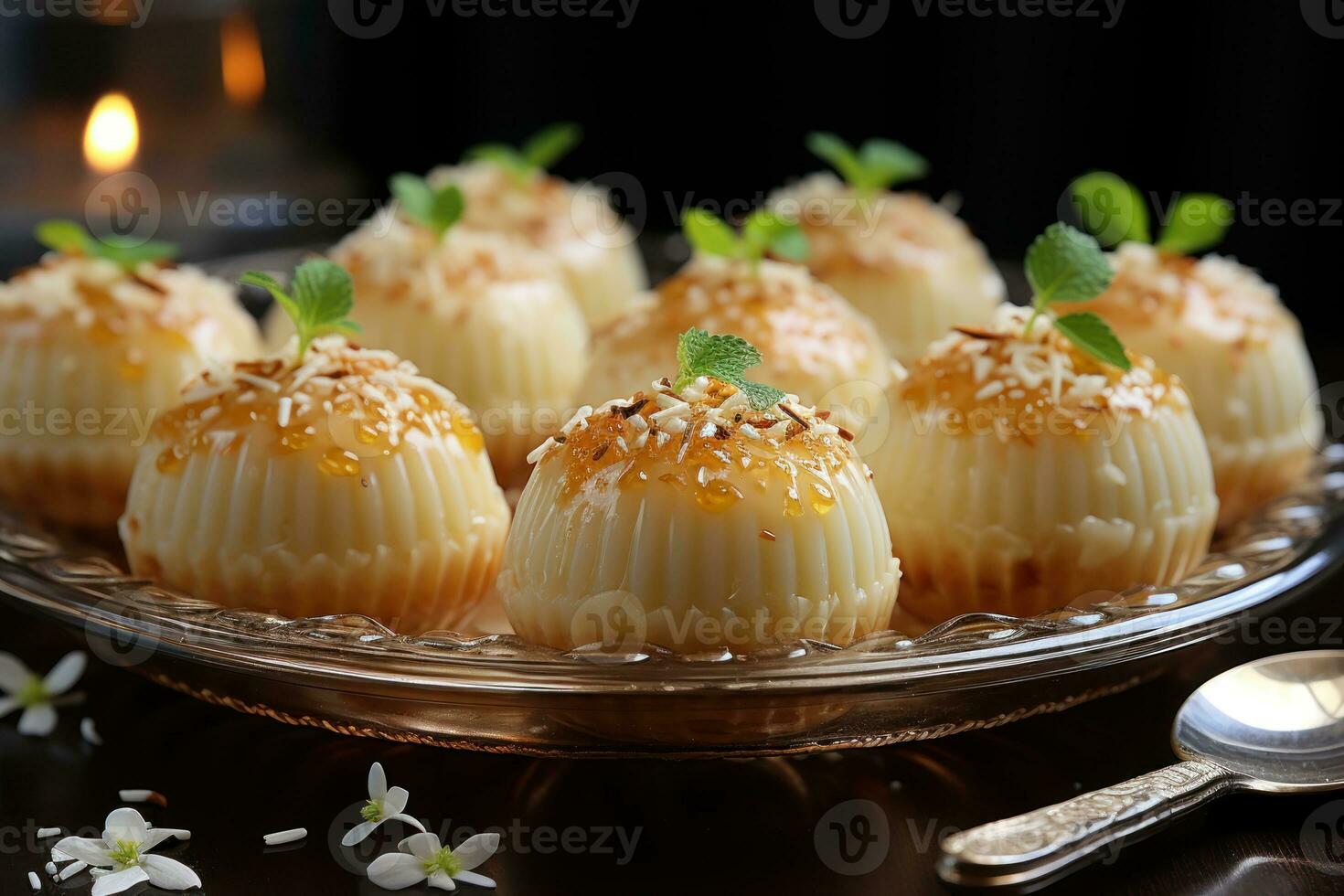 AI generated A tempting display of petite cakes in various flavors and colors, eid and ramadan images photo