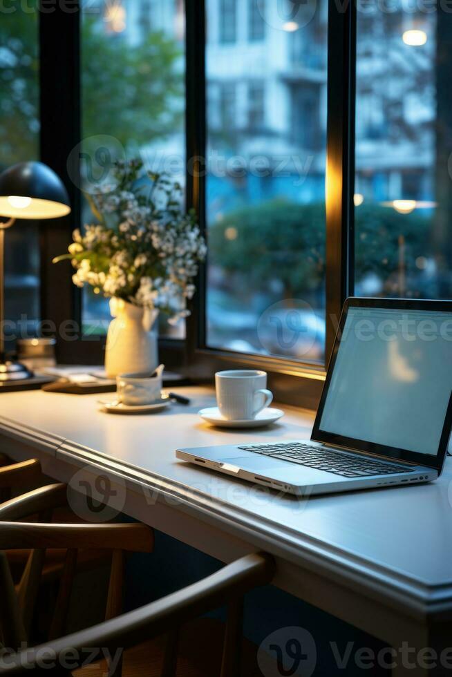 AI generated Productive work environment with a laptop and a stylish white cup, business meeting image photo