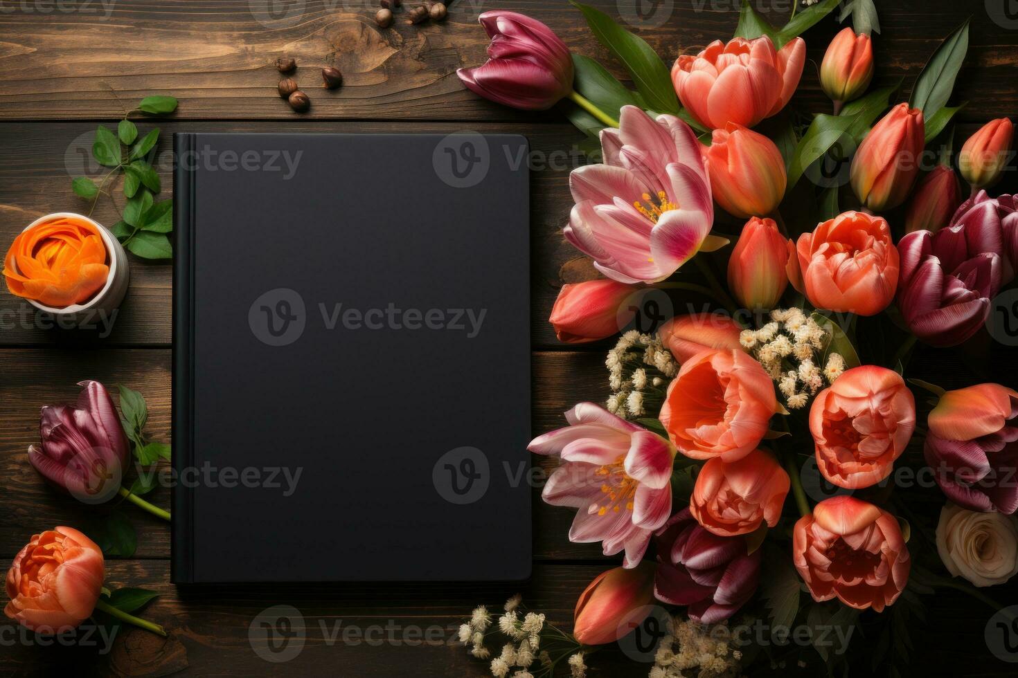 AI generated A charming scene with a black notebook tulips and a pencil on a wooden surface, educational photo