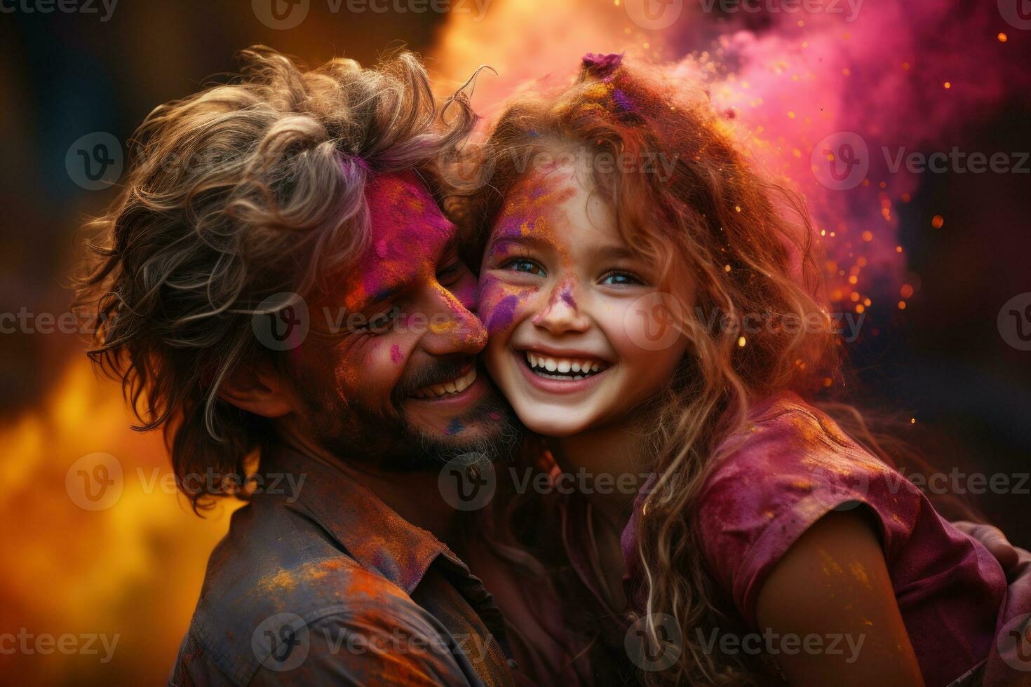 AI generated Father and child playing with colors celebrating holi, holi festival image download photo