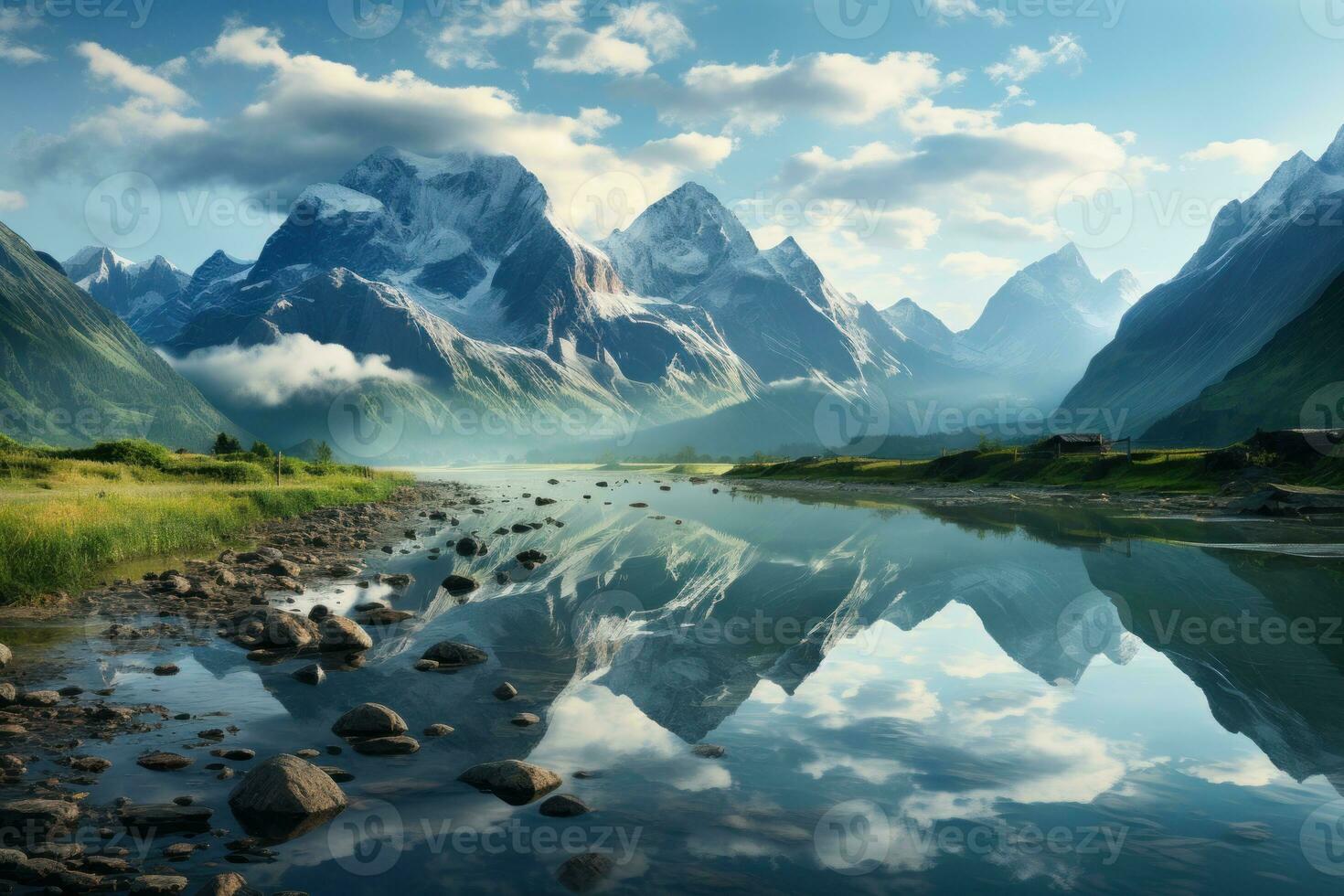 AI generated Serene lake mist and mountain mirage, sunrise and sunset wallpaper photo