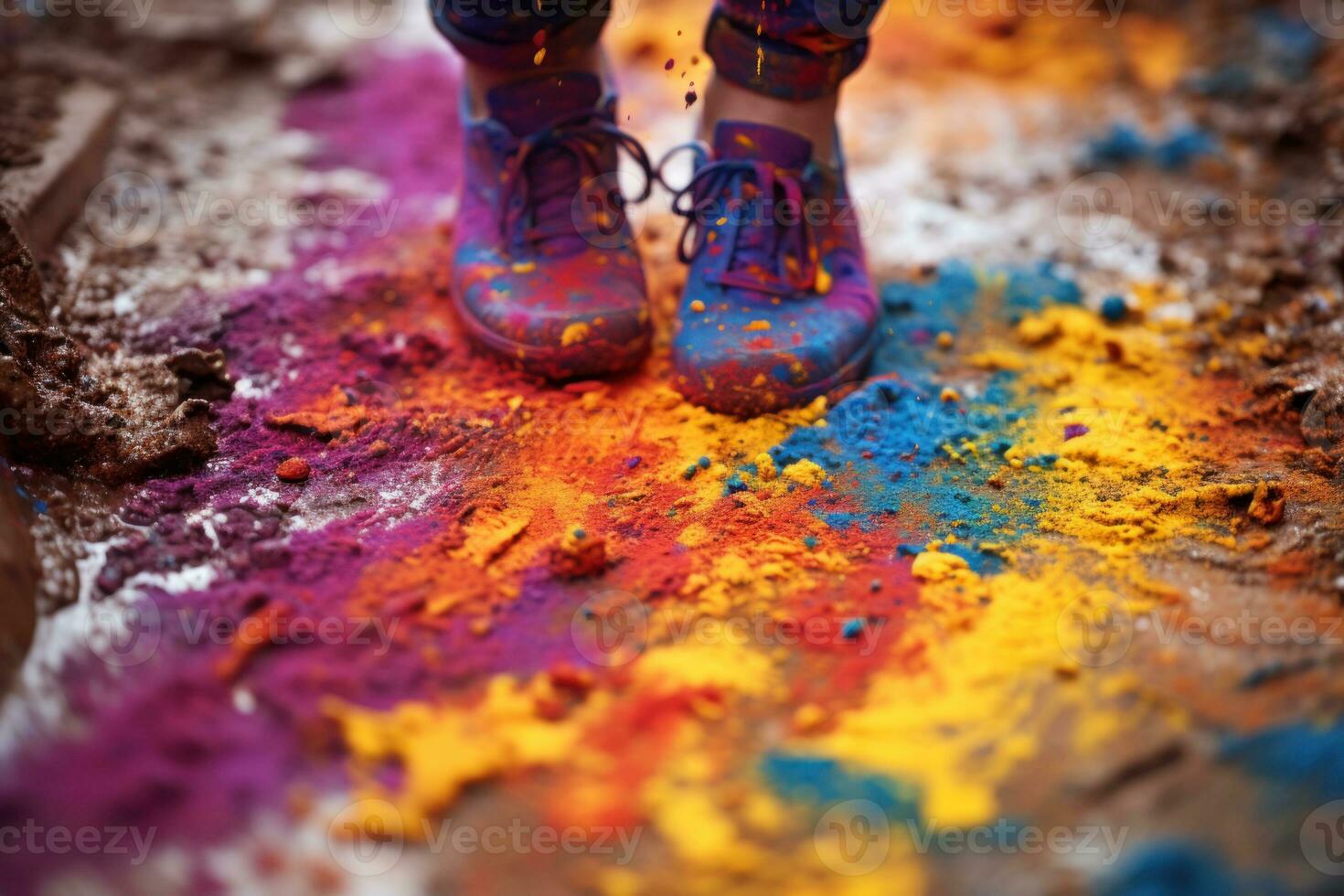 AI generated Colorful footprints etched on the path, holi festival image download photo