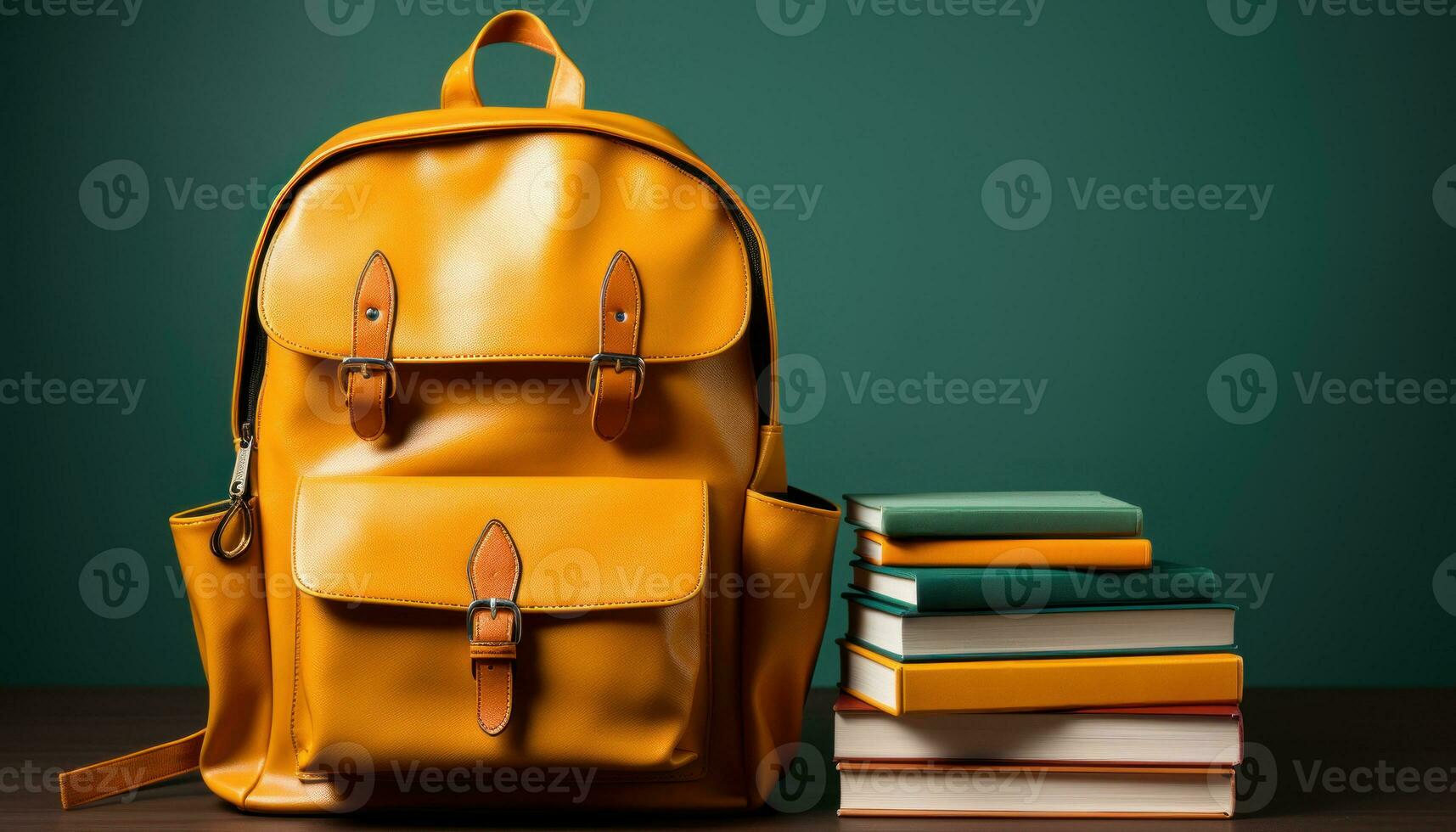 ai generado amarillo bolso libros y tiza en un verde superficie, educativo imagen foto