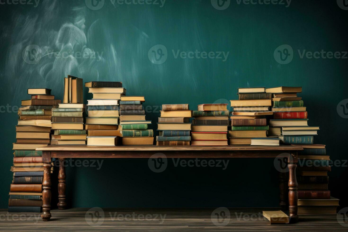 AI generated Books stacked in front of a green board, diverse education and teachers day image photo