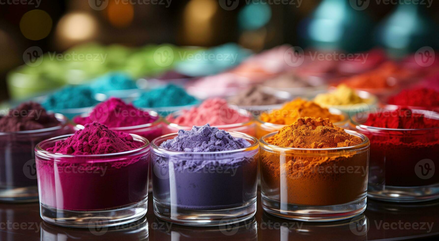 AI generated Spectrum of powders in cup on colorful table, holi festival image download photo