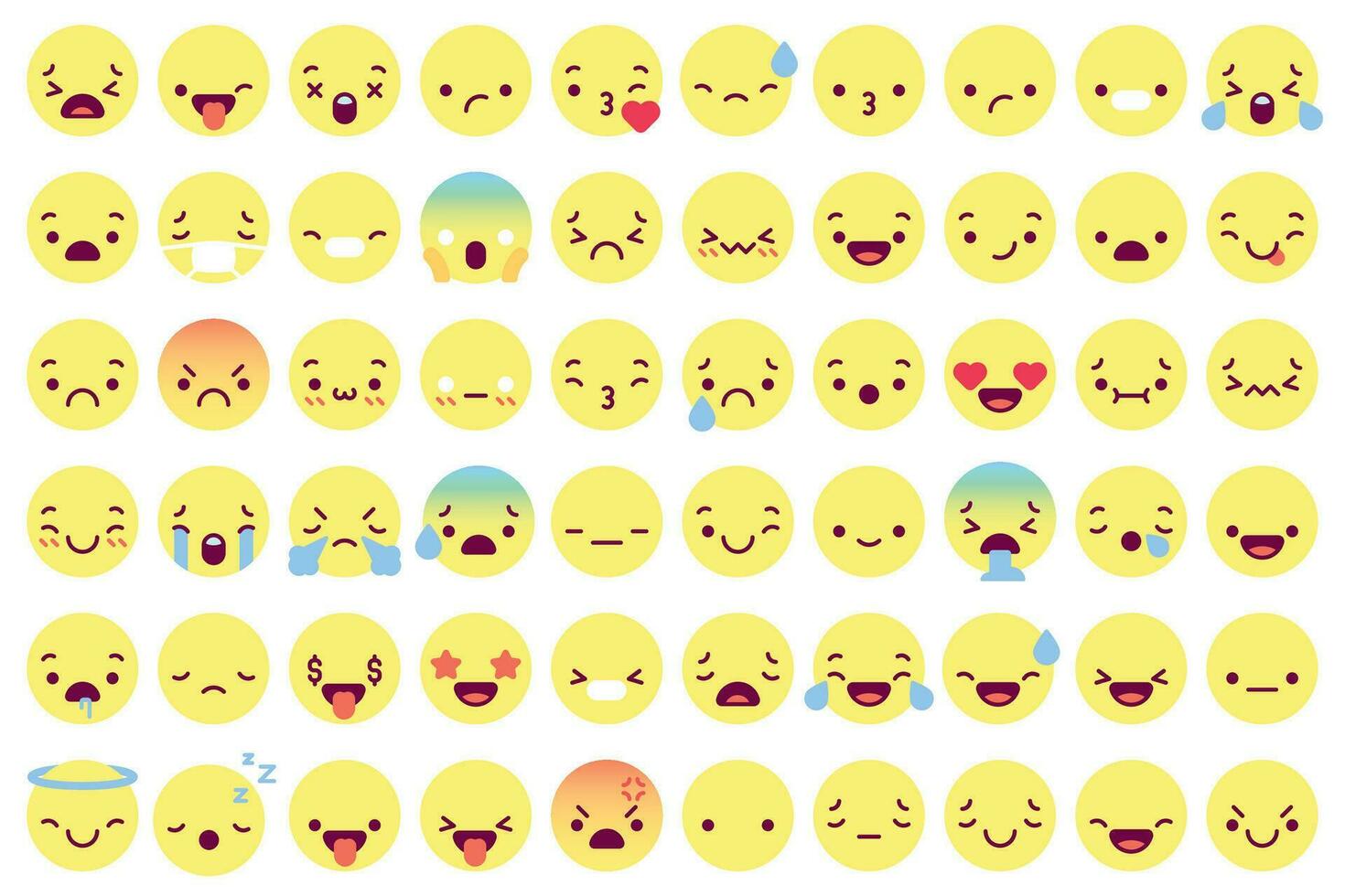Flat emoji faces. Flat emoticon smiling avatars with different face emotions. Happy, sad and winking, angry funny message vector icons set