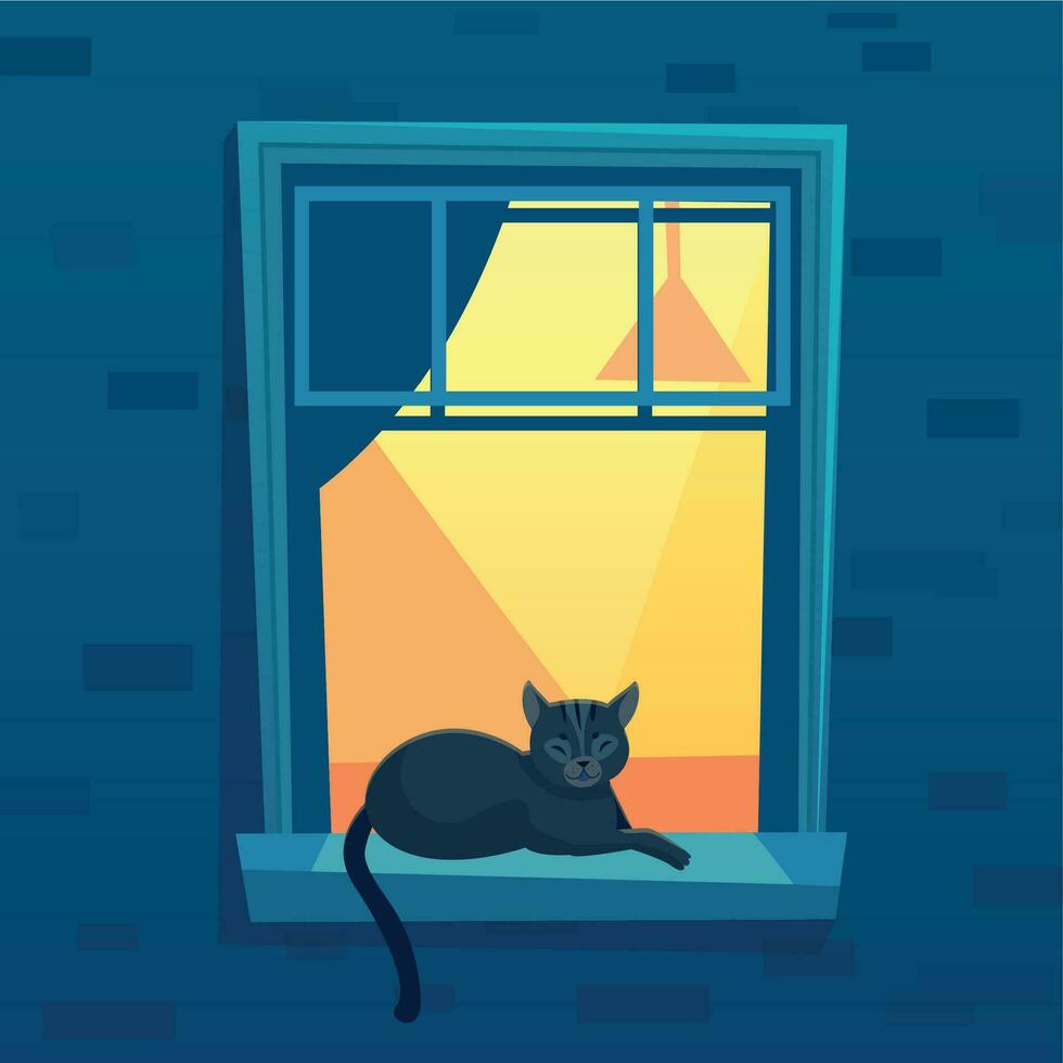 gato acostado en iluminado arriba ciudad Departamento abierto ventana a noche tiempo. negro gatito personaje teniendo descanso en antepecho vector