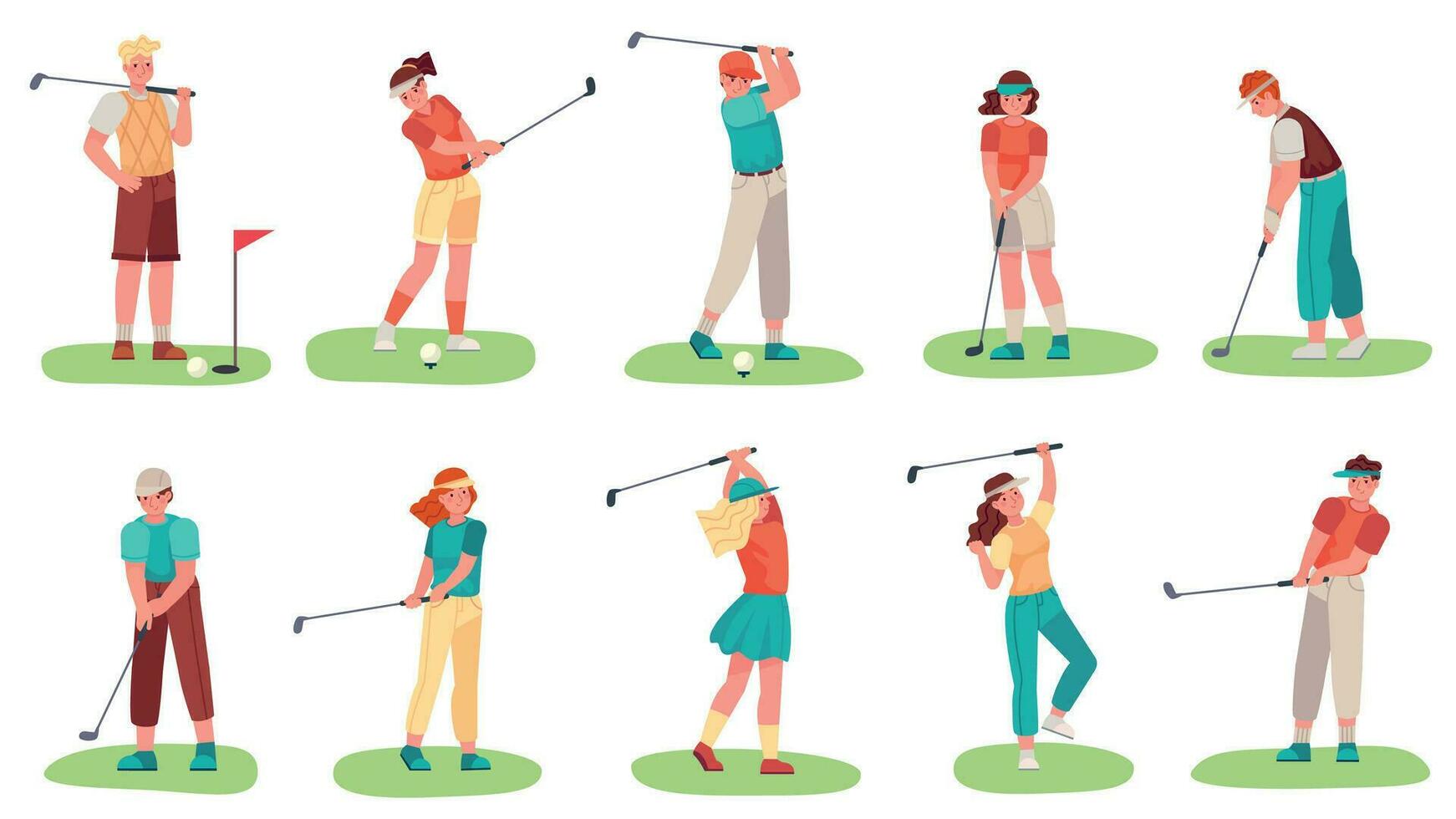 Golf playing. Men and women training with golf clubs on green grass, sport hobby players golfer in uniform, cartoon set vector illustration