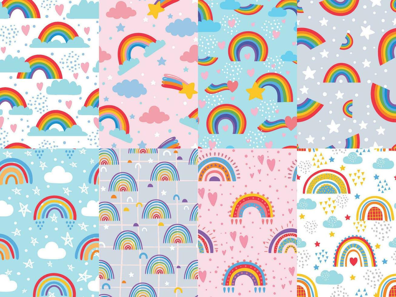 Seamless rainbow pattern. Stars, clouds and rainbows in sky, colorful arc decoration backdrop vector illustration set