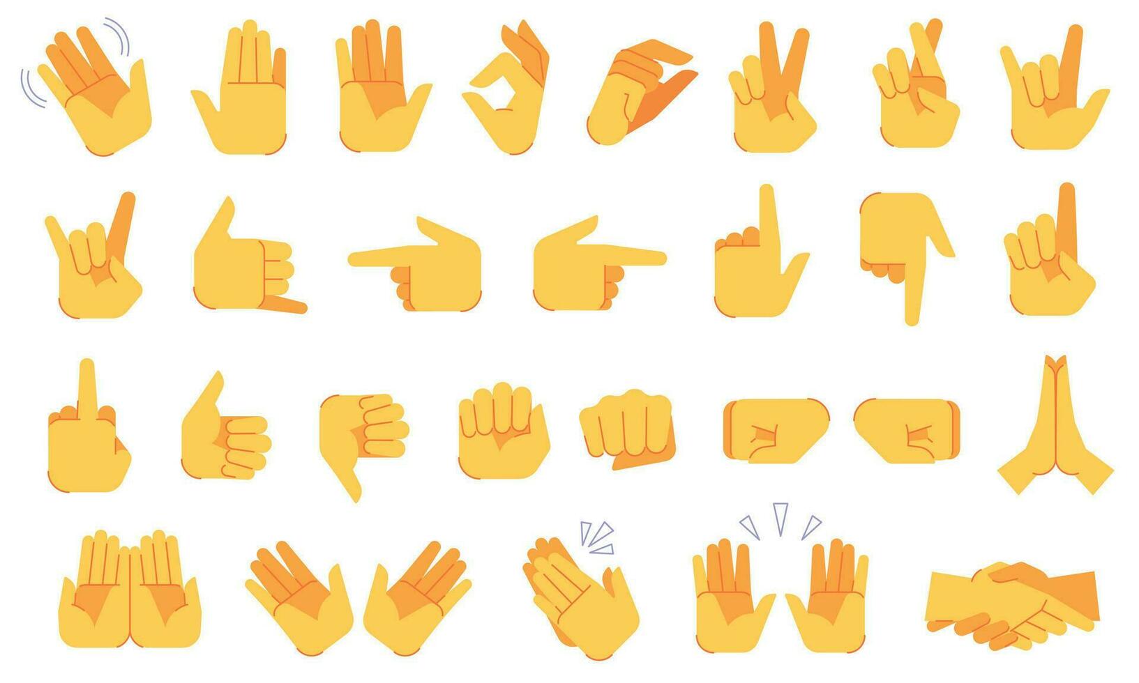 Emoji hand gestures. Different hands signals and signs, ok and victory, peace and handshake, applause, gesture symbols vector icons set