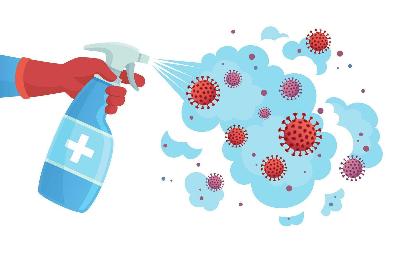 Covid 19 disinfection. Sanitizer spray, sprayed disinfectant kills bacteria and virus. Coronavirus protection concept vector illustration