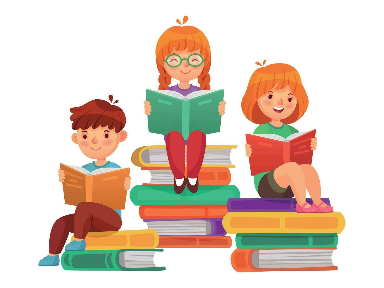 Kids sitting on stacks of books and reading literature. Boy and girls learning or studying. School education vector