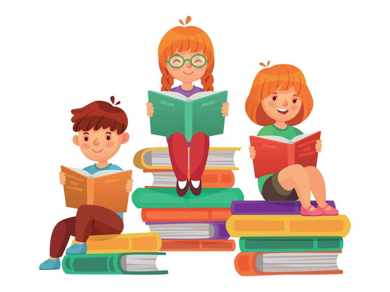 Kids sitting on stacks of books and reading literature. Boy and girls learning or studying. School education vector