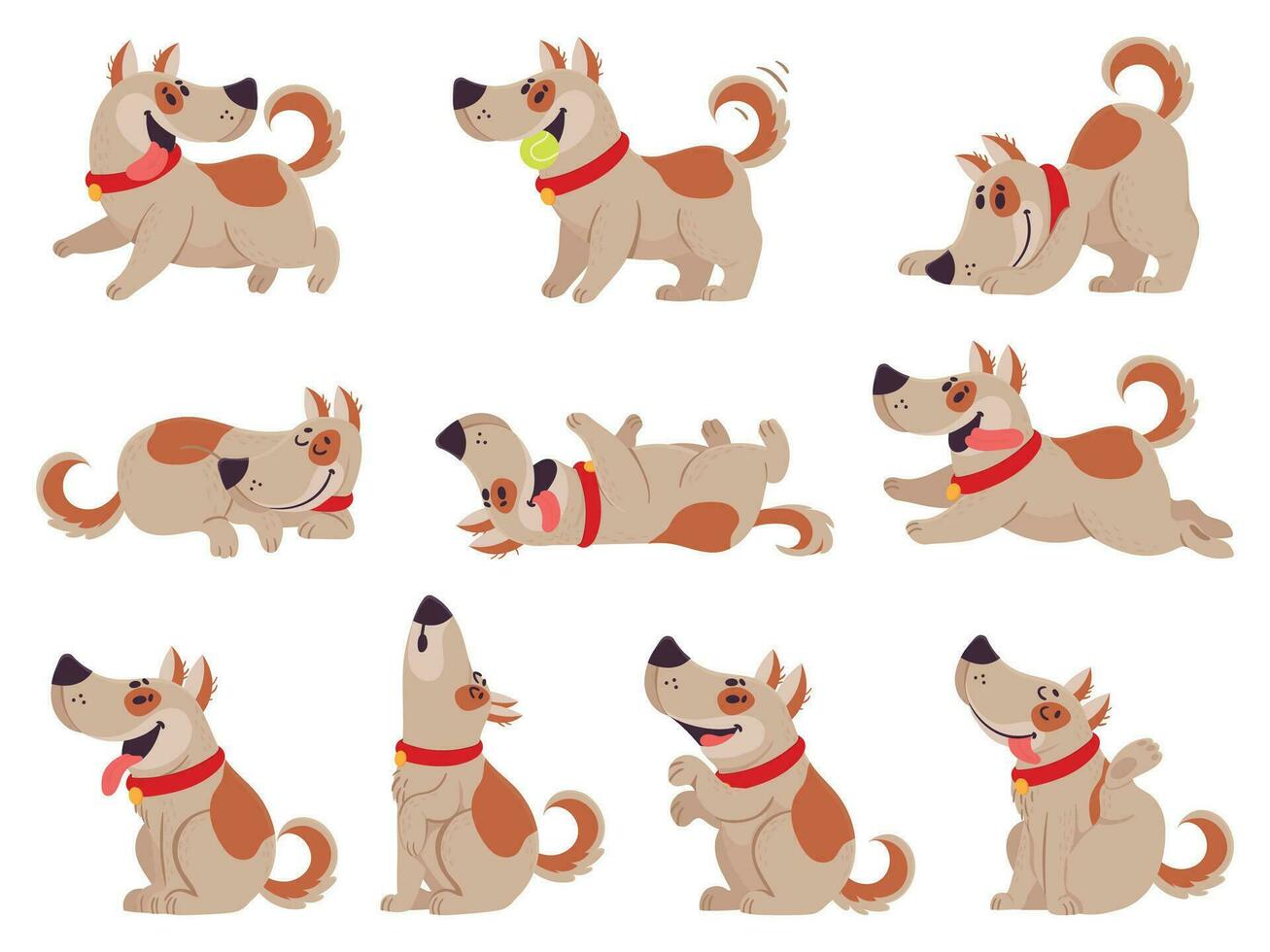 Cartoon dog. Cute dogs in daily routine eating, jumping wiggle and sleeping, running and barking, different poses pet activity vector set.