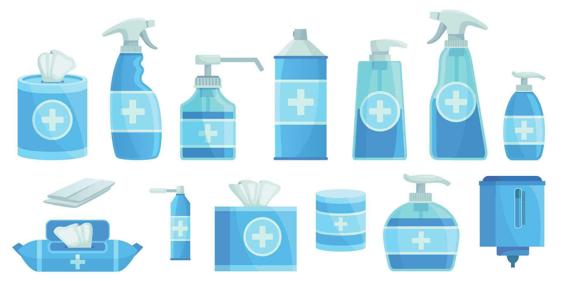 Cartoon disinfectants. Disinfection alcohol spray, antiseptic sanitizer dispenser and liquid disinfectant soap. Virus protection vector illustration set