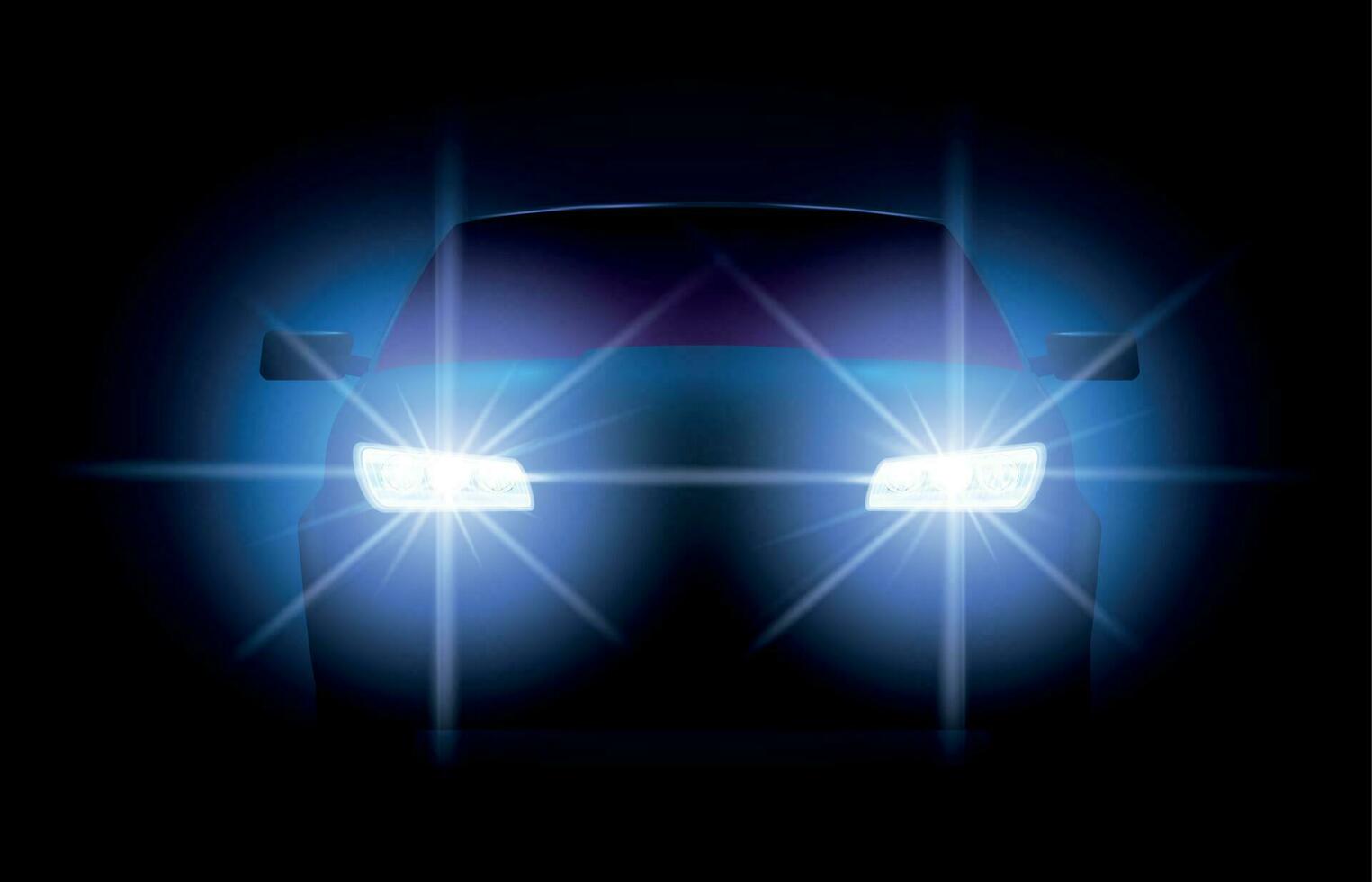 Car lights. Night urban scene with automobile or vehicle silhouette with bright shining headlights. Auto front vector