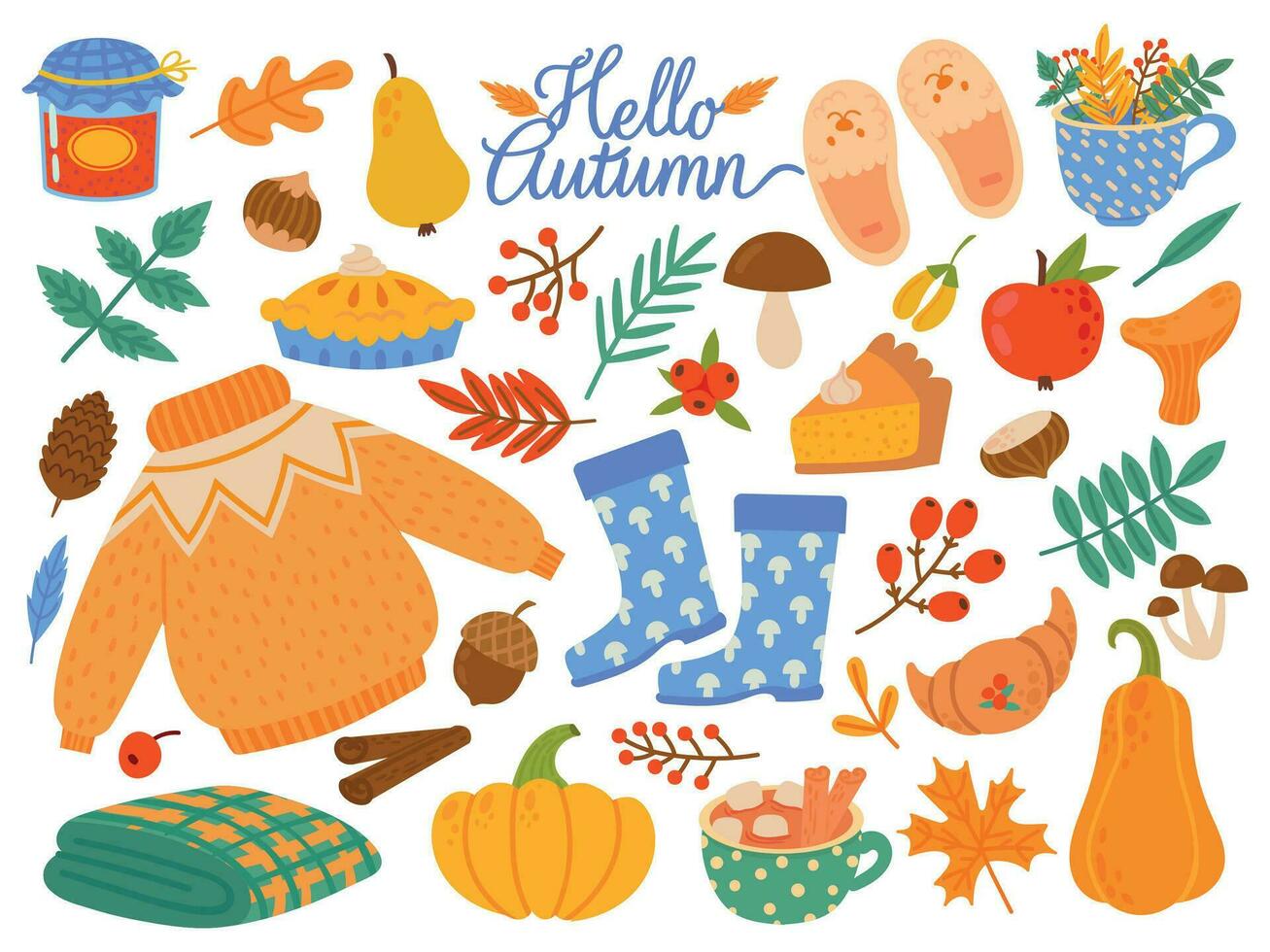 Autumn elements. Falling leaves, yellow plants and food, harvest festival or thanksgiving day seasonal abstract cartoon vector set