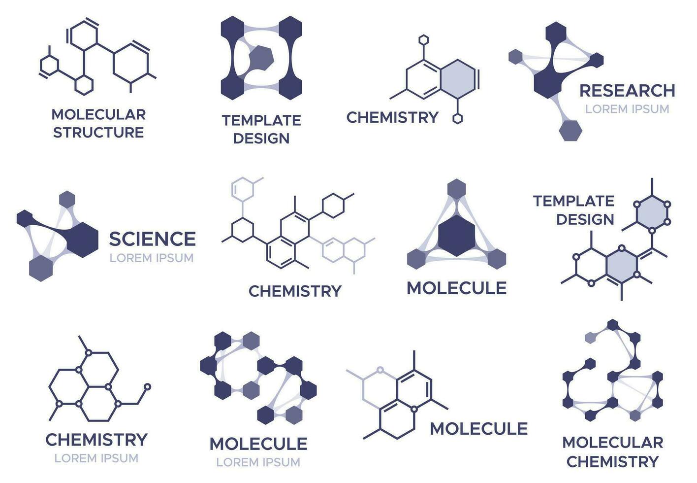 Molecule badge. Bio molecular hexagonal structure, macro molecules and chemical laboratory research sign vector illustration set.