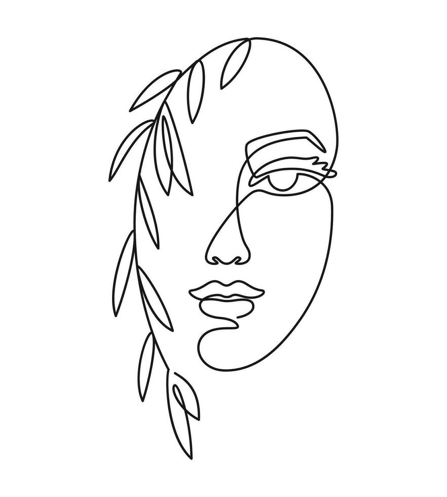 Line woman face. Female portrait and leaves. Minimalist fashion, glamour beauty salon and spa logo, one continuous line vector art.